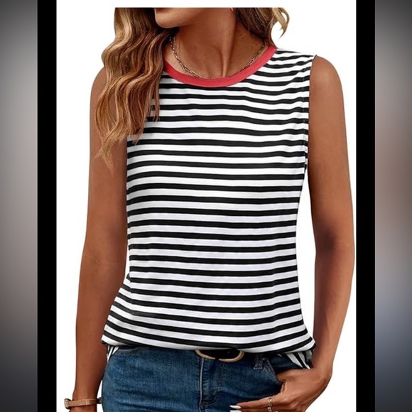 W5 Striped Black and White Sleeveless Top with Red Trim - Picture 1 of 7